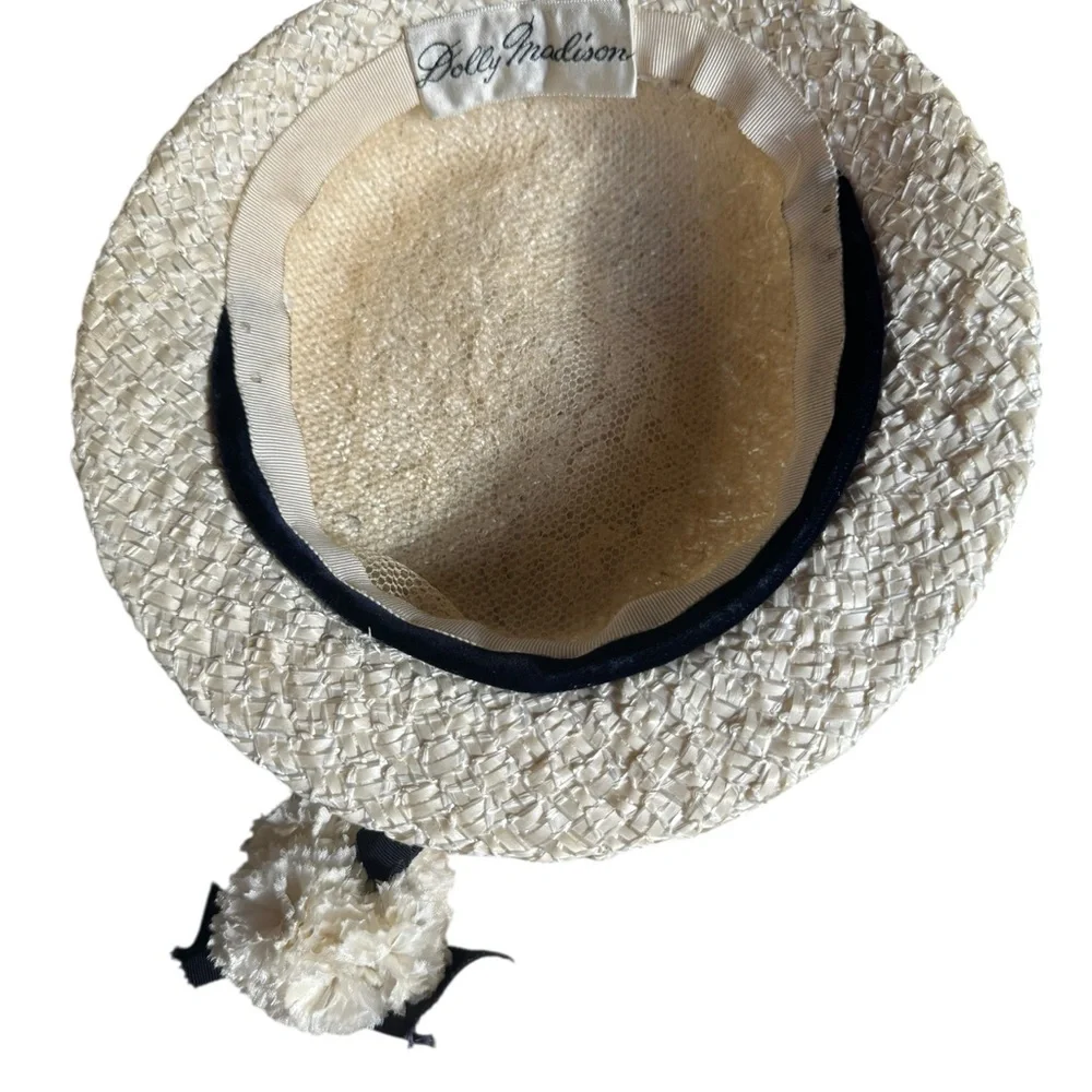 1940s/50s Dolly Madison‎ Raffia Straw Hat w/Pompom Embellishment & Black Ribbon - Picture 6 of 7